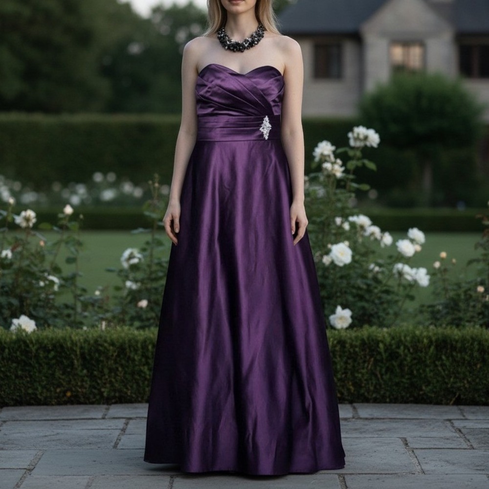 Alfred Angelo Dress 12 Purple Strapless Satin Gown Rhinestone‎ Brooch Formal